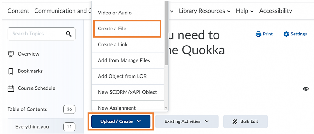 Screenshot of the Brightspace content folder with Upload/Create button and the option to Create a File